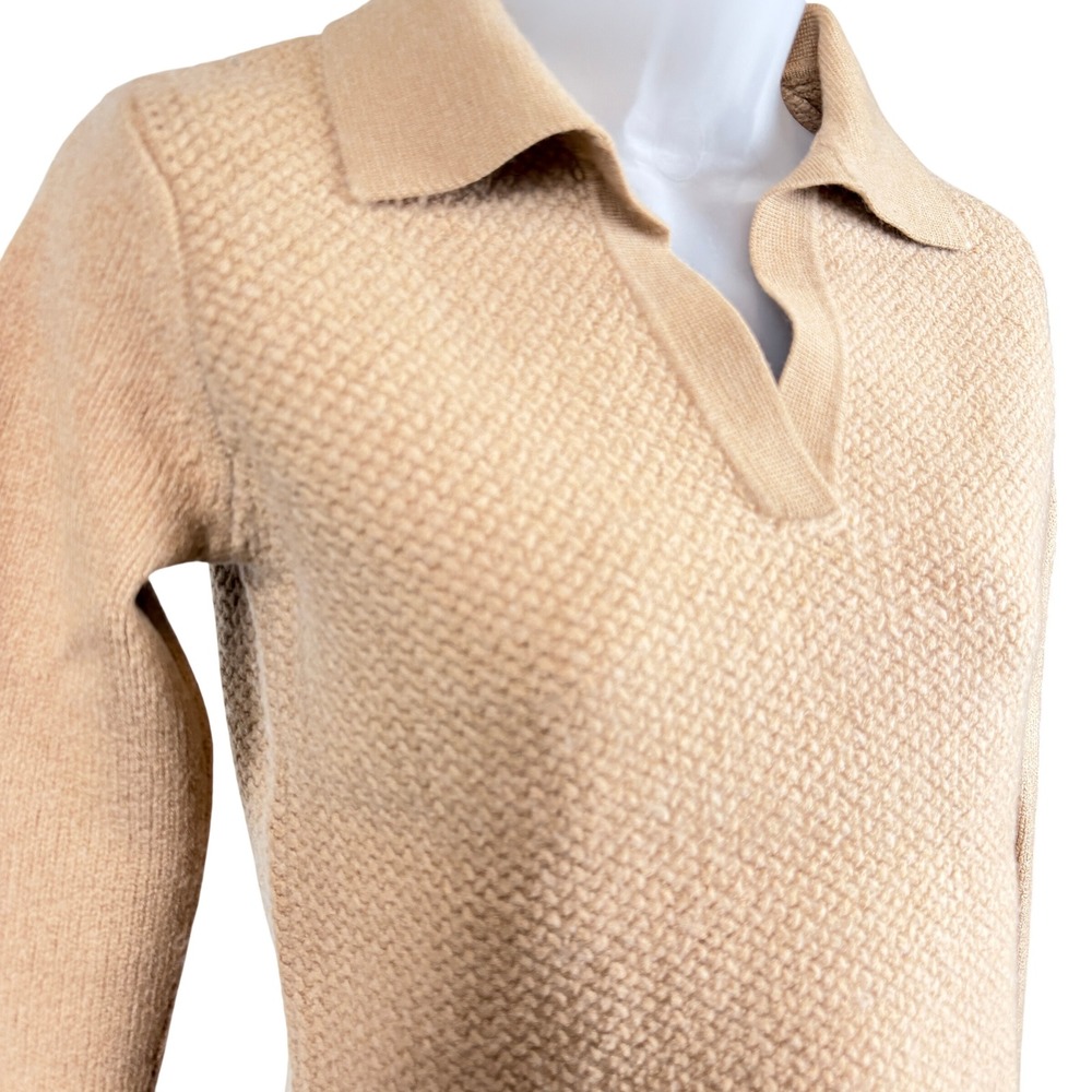 Tory Burch 100% Wool Camel Textured Knit Polo Collar Sweater S Quiet Luxury